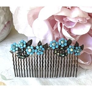 Vintage Handmade Faux Turquoise Blue Rhinestones Flowers Hair Comb Gunmetal Grey